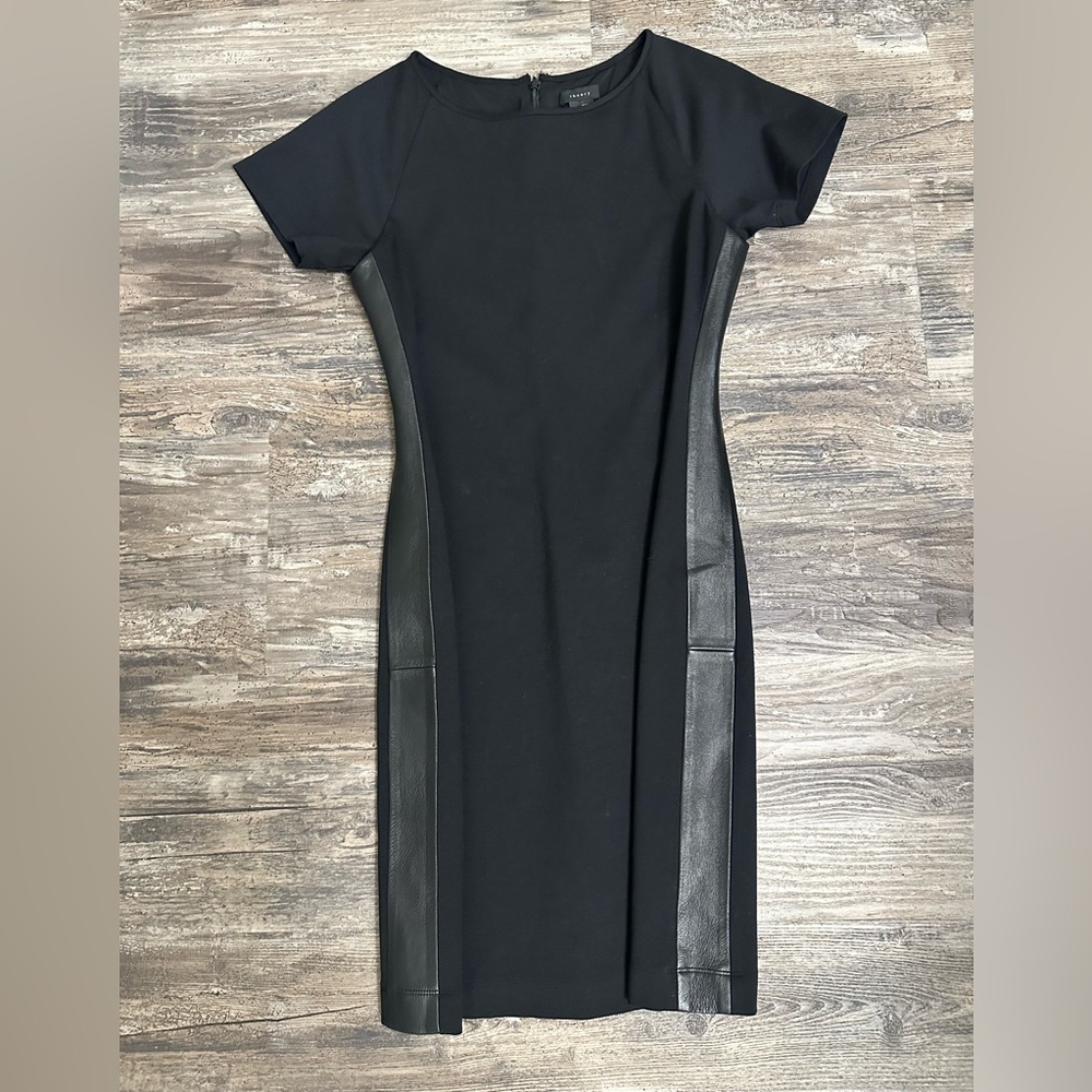 Theory Women’s Black Lamb Leather Panel Trim Short Sleeve Dress Size 4